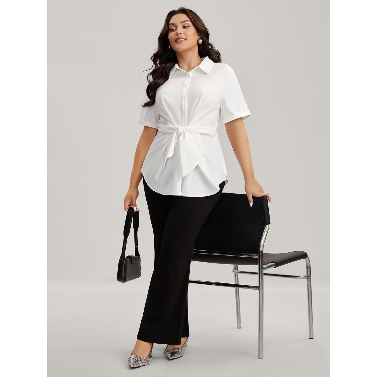 Plus Size Originalwhite Knotted Front Asymmetrical Hem Blouse Women Short sleeve Shirt collar Work Blouses BloomChic 10/M Product Image
