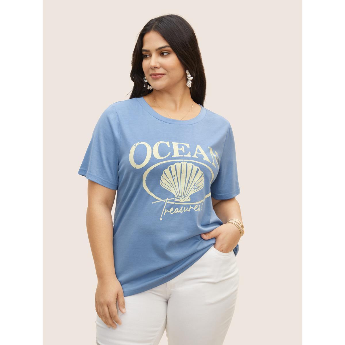Plus Size Round Neck Sea Shells Print T-shirt Stone Women Resort Contrast Marine Round Neck Vacation T-shirts BloomChic 26/4X Product Image