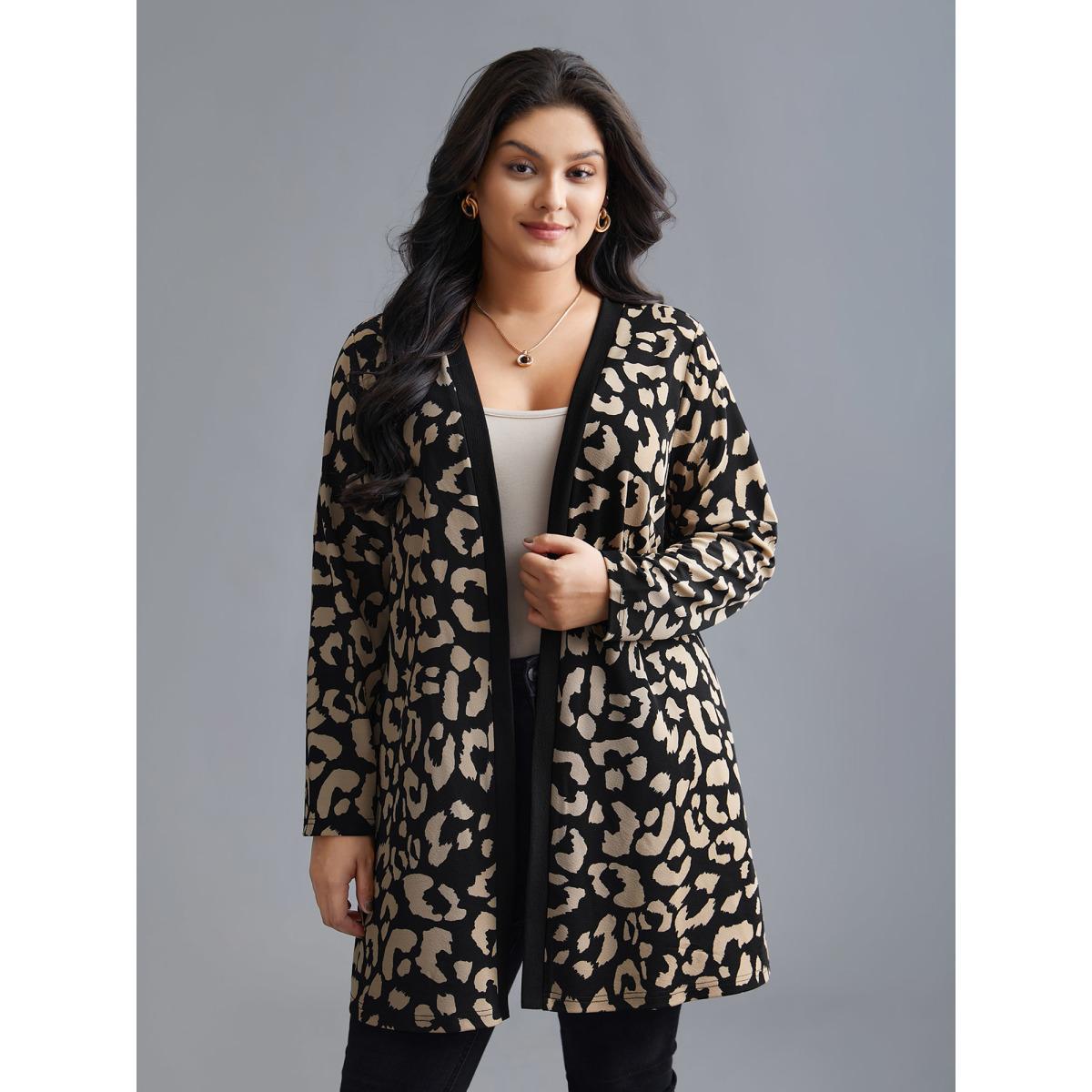 Plus Size Leopard Print Color Contrast Kimono Women LightBrown Elegant Contrast Loose Side seam pocket Everyday Kimonos BloomChic 26/4X Product Image