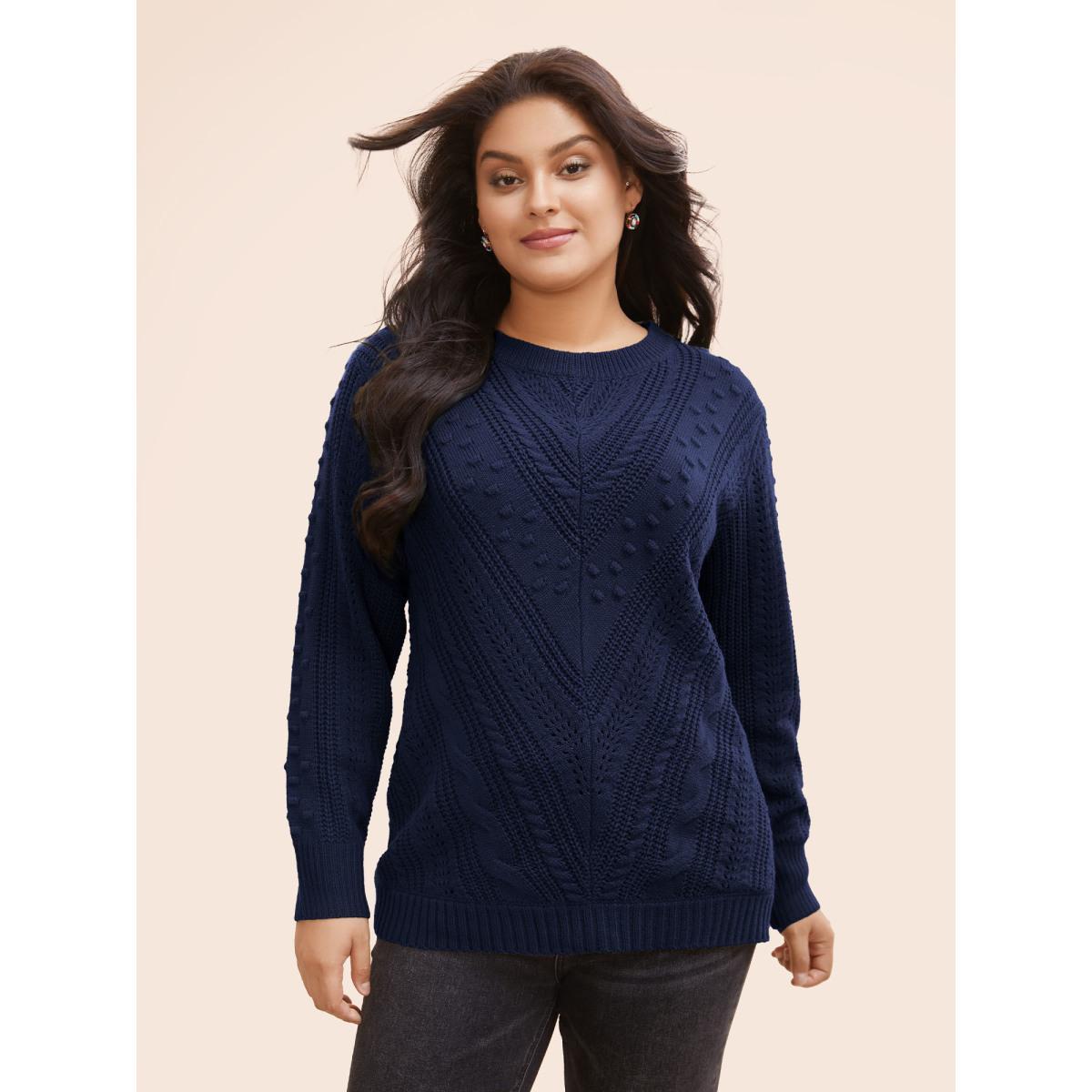 Plus Size Solid Round Neck Cable Knit Pullover Indigo Women Casual Long Sleeve Round Neck Everyday Pullovers BloomChic 26/4X Product Image