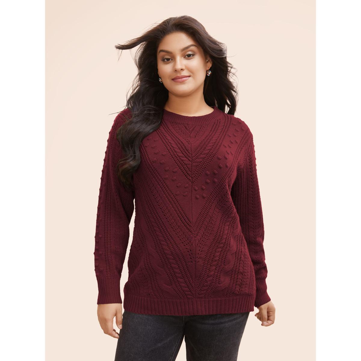 Plus Size Solid Round Neck Cable Knit Pullover Scarlet Women Casual Long Sleeve Round Neck Everyday Pullovers BloomChic 12/L Product Image