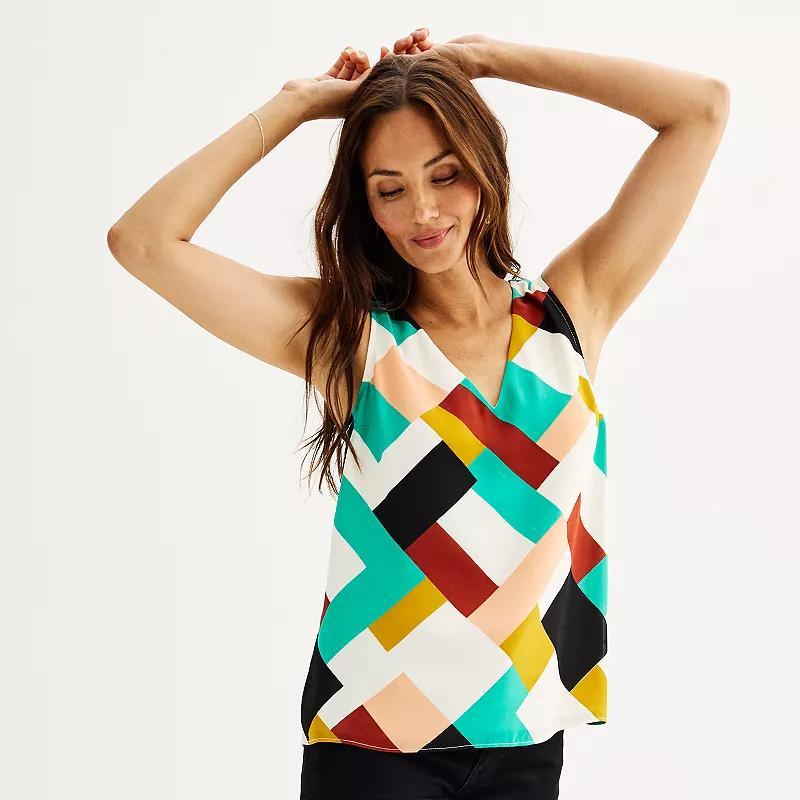 Women's Petite Nine West V-Neck Tank Top, Size: XS Petite, Blue Geo Blocks Product Image