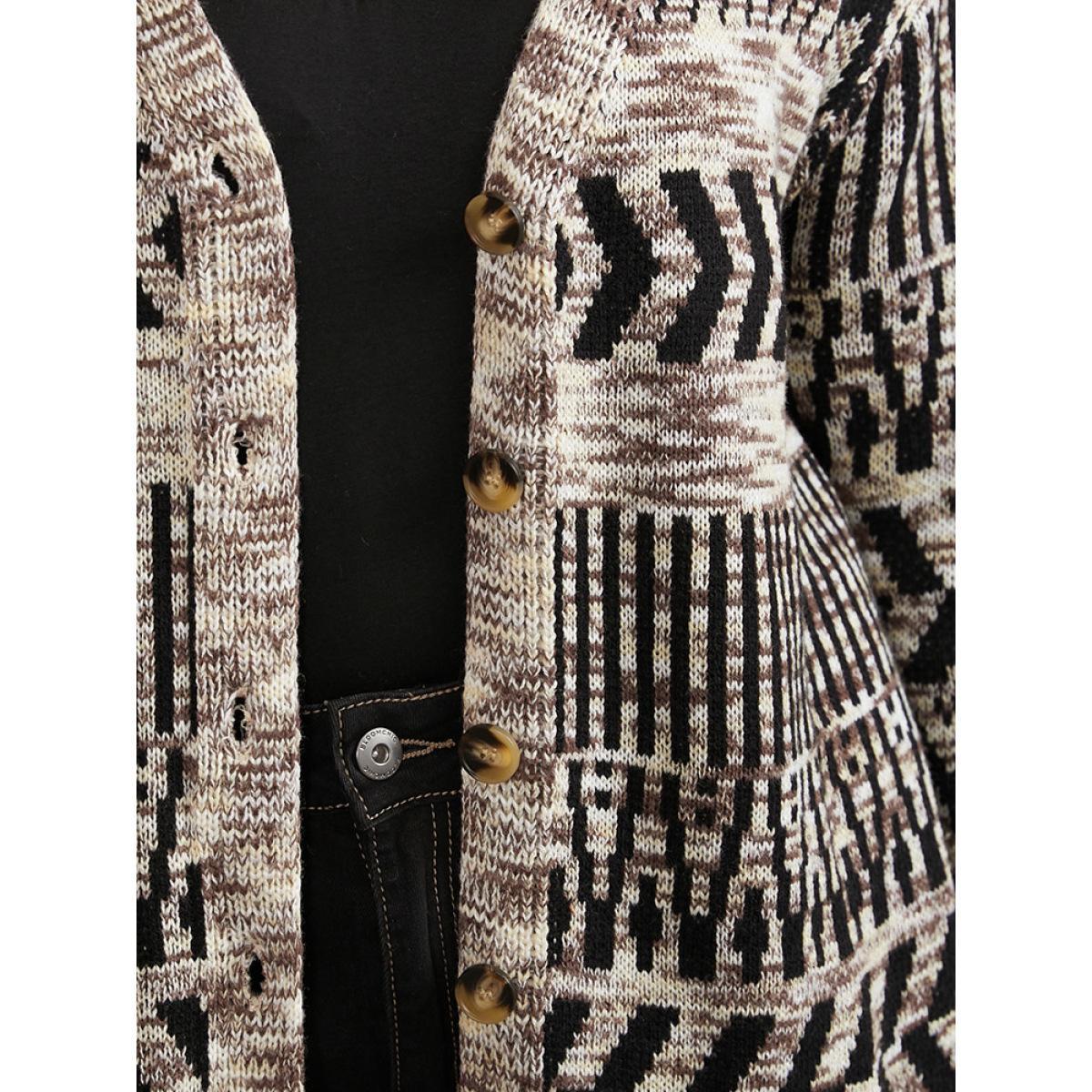 Plus Size Geometric Heather Button Up Elastic Cuffs Cardigan DarkBrown Women Casual Loose Long Sleeve Dailywear Cardigans BloomChic 26/4X Product Image