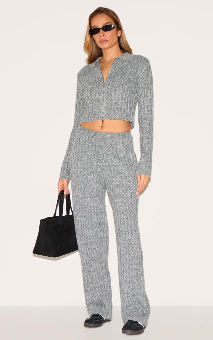 Charcoal Marl Knitted Dipped Hem Cropped Zip Up Top Product Image