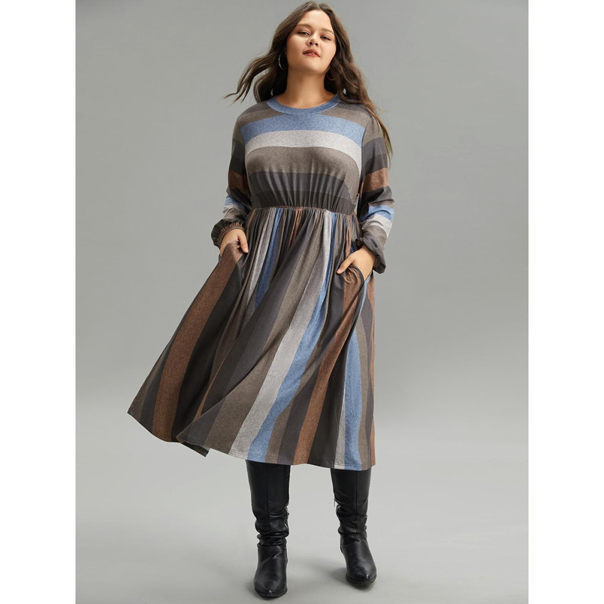 Plus Size Striped Colorblock Contrast Lantern Sleeve Dress Multicolor Women Casual Elastic cuffs Round Neck Long Sleeve Curvy Midi Dress BloomChic 12/L Product Image