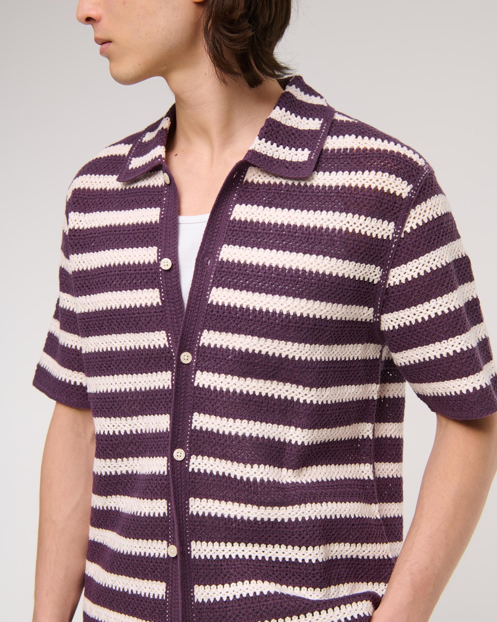 Crochet-Style Striped Button-Through Sweater Polo Product Image