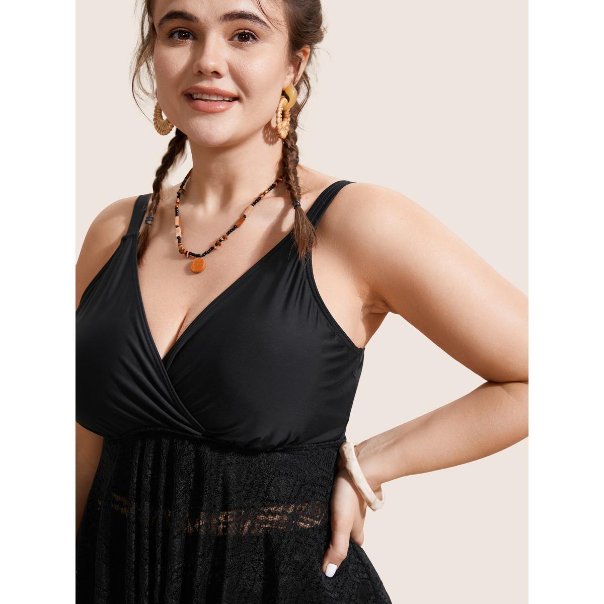 Plus Size V Neck Crochet Lace Mesh Swim Top Women's Swimwear Black Beach Texture High stretch Bodycon Overlap Collar Curve Swim Tops BloomChic 10/M Product Image