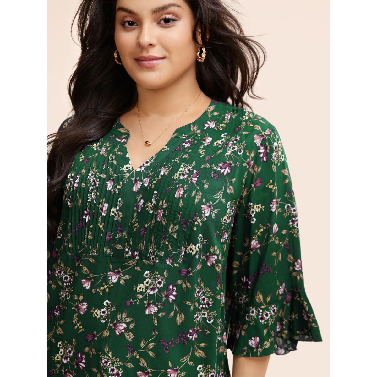 Plus Size DarkGreen Ditsy Floral Pleated Flutter Sleeve Blouse Women Elegant Elbow-length sleeve Flat collar with V-notch Everyday Blouses BloomChic 28/5X Product Image