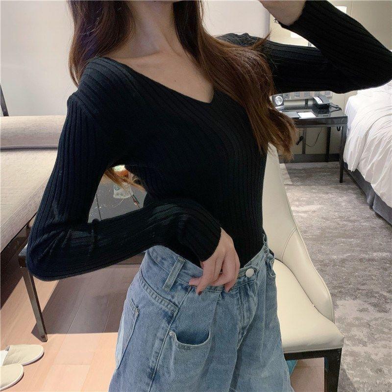 V-Neck Plain Ribbed Sweater Product Image
