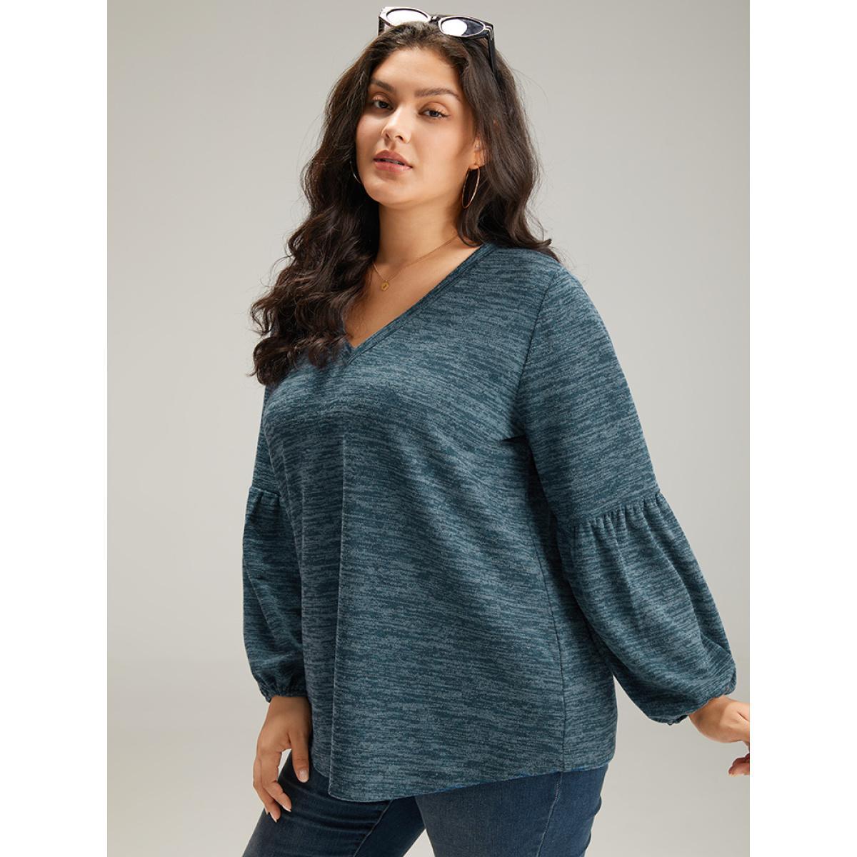 Plus Size Heather V Neck Lantern Sleeve Sweatshirt Women Red Casual Elastic cuffs V-neck Dailywear Sweatshirts BloomChic 22-24/3X Product Image
