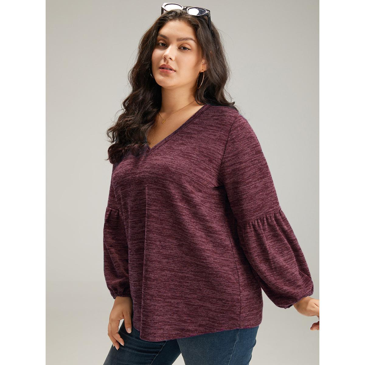 Plus Size Heather V Neck Lantern Sleeve Sweatshirt Women Red Casual Elastic cuffs V-neck Dailywear Sweatshirts BloomChic 22-24/3X Product Image