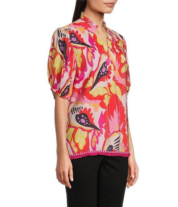 Calessa Modern Abstract Print Ruffled Split V-Neck Short Sleeve Tunic Product Image