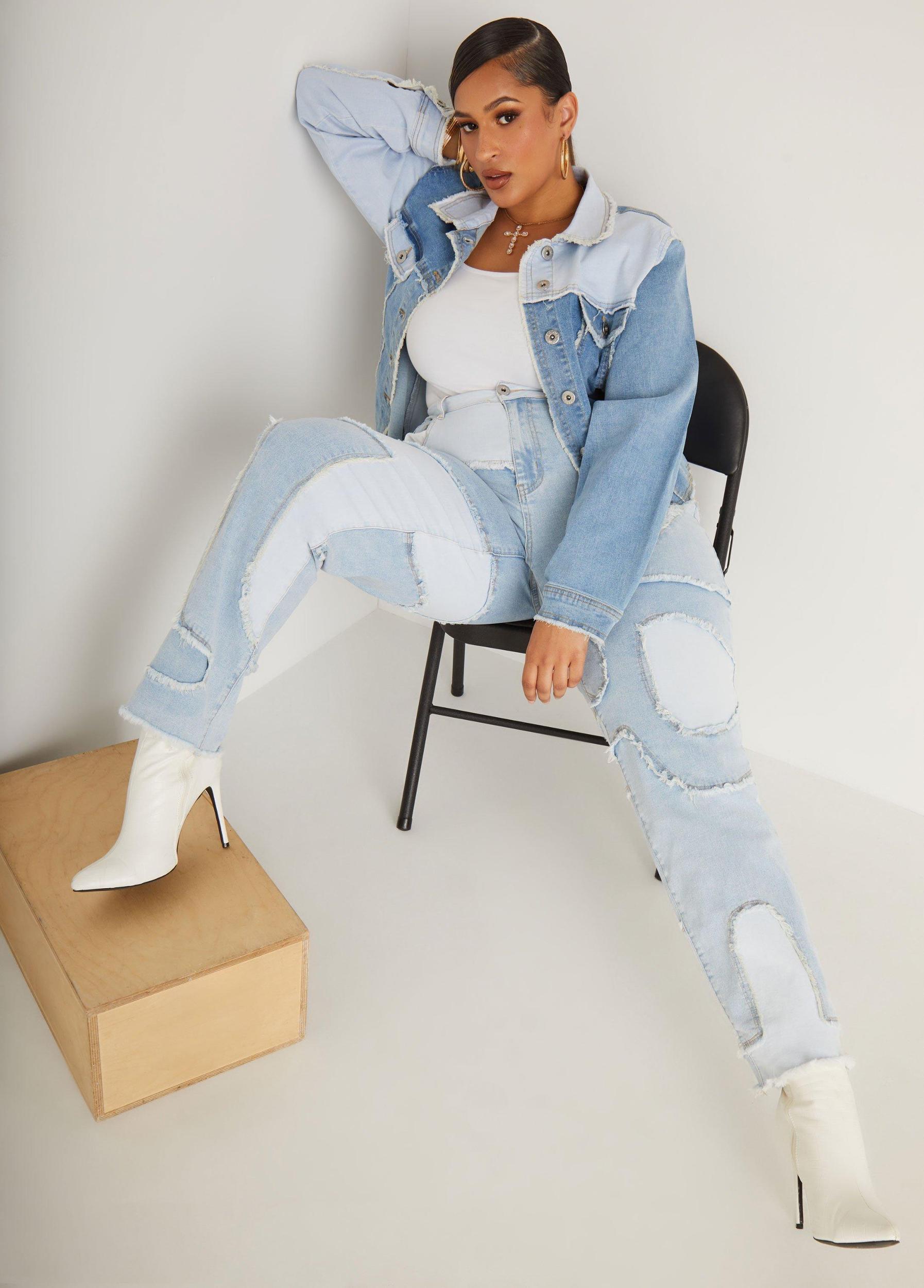 Patchwork High Rise Skinny Jeans Product Image