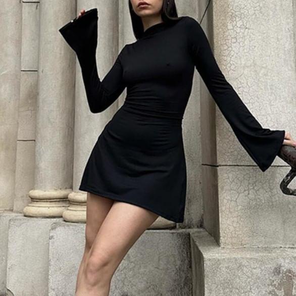 Long-Sleeve Crewneck Plain Mini A-Line Dress Product Image
