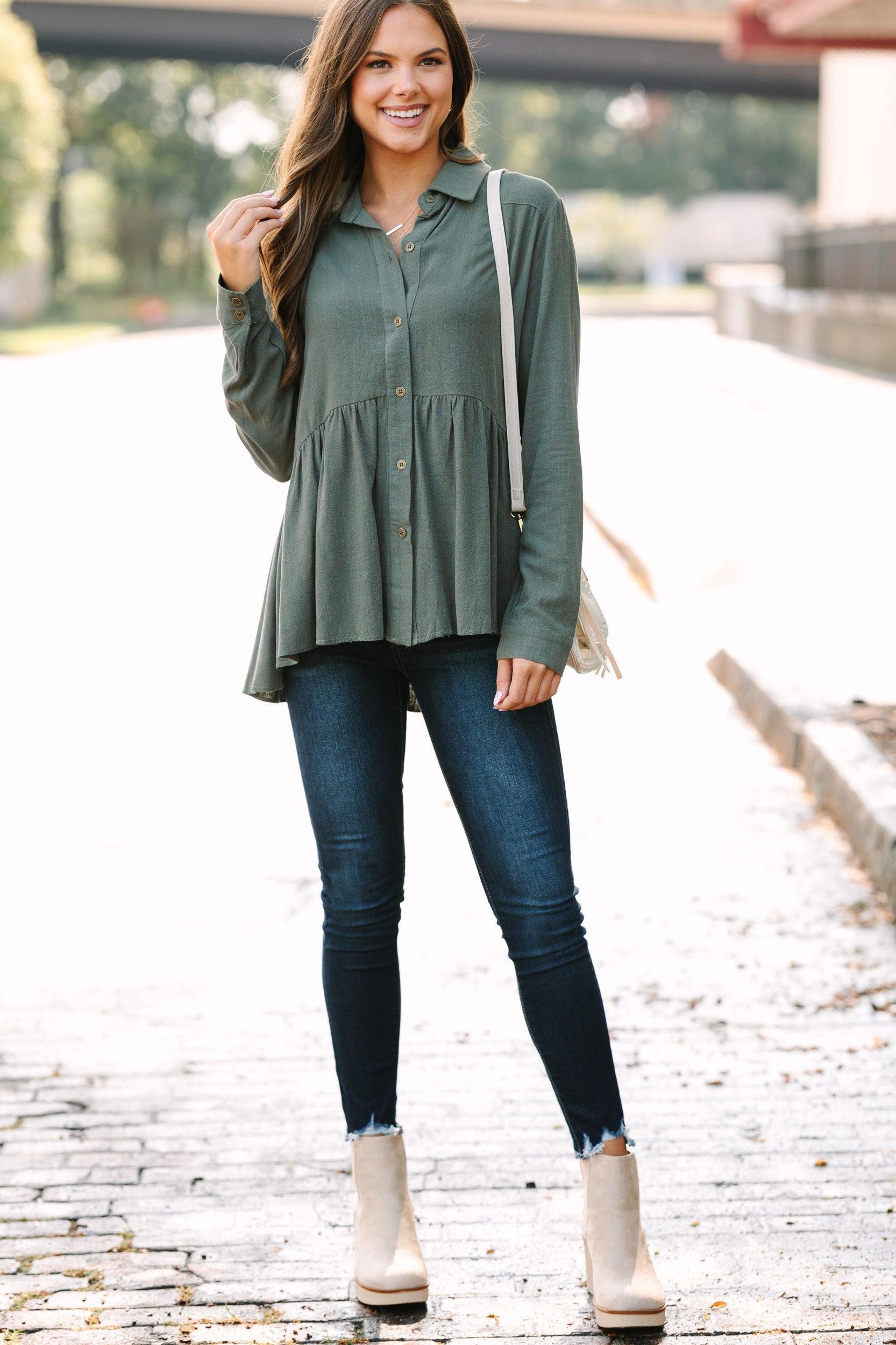 Call On Me Army Green Linen Top Female Product Image