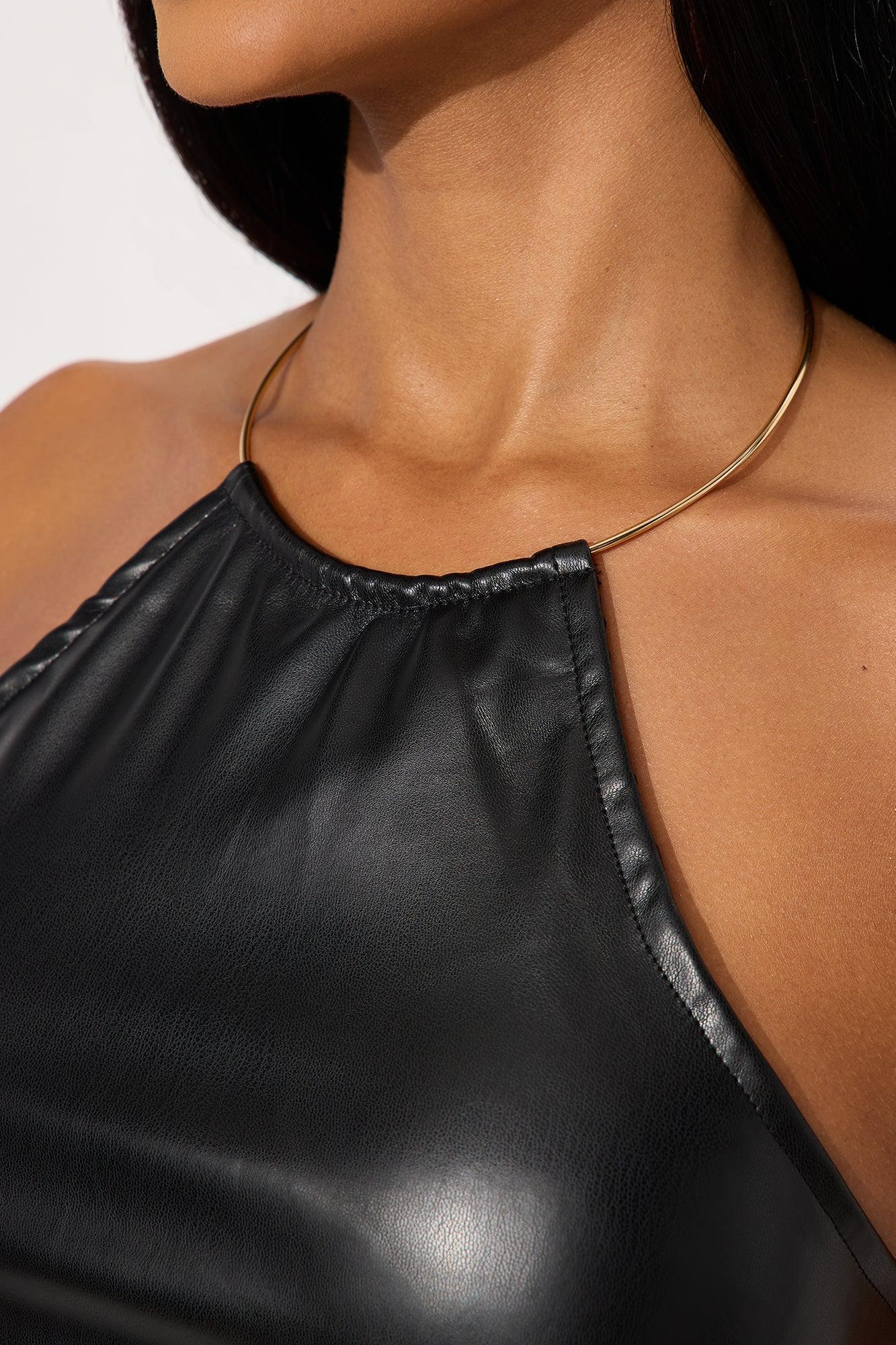 Don't Care Faux Leather Halter Top - Black Product Image