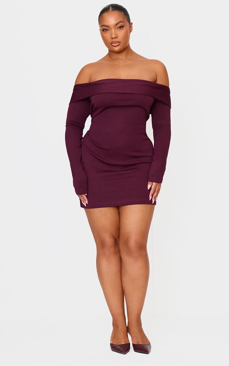 Plus Burgundy Premium Contour Bardot Bodycon Dress Product Image
