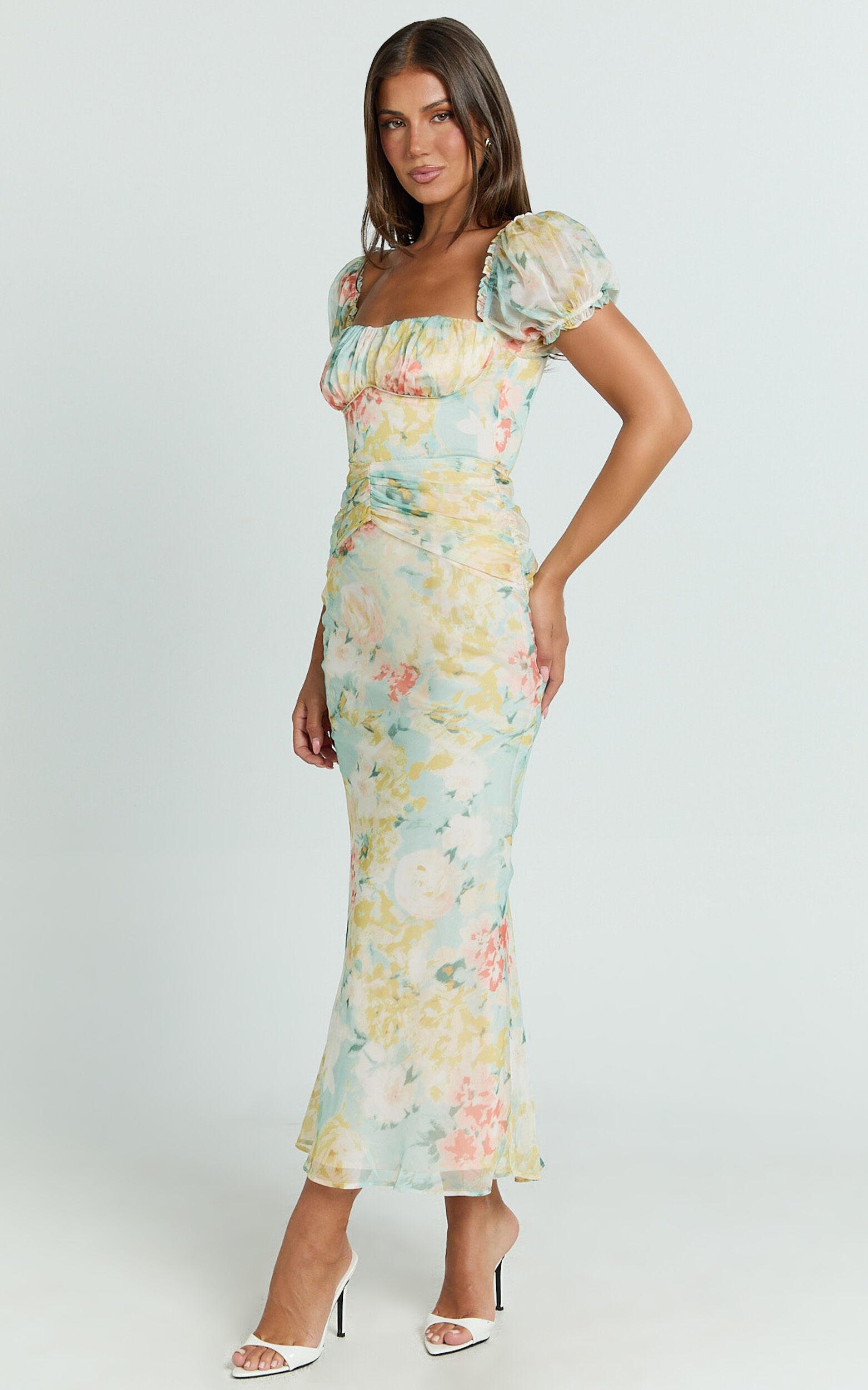 Debina Maxi Dress - Sweetheart Neckline Short Sleeve Dress in Yellow Product Image