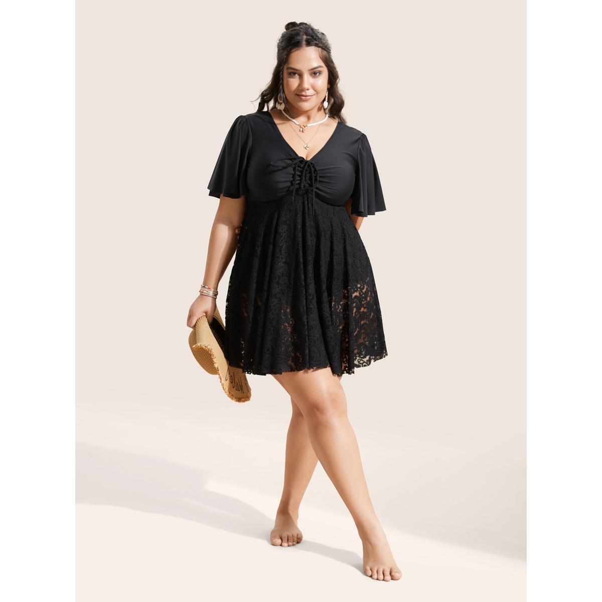 Plus Size Crochet Lace Mesh Drawstring Swim Dress Women's Swimwear Black Beach Bodycon V-neck High stretch Curve Swim Dresses BloomChic 22-24/3X Product Image