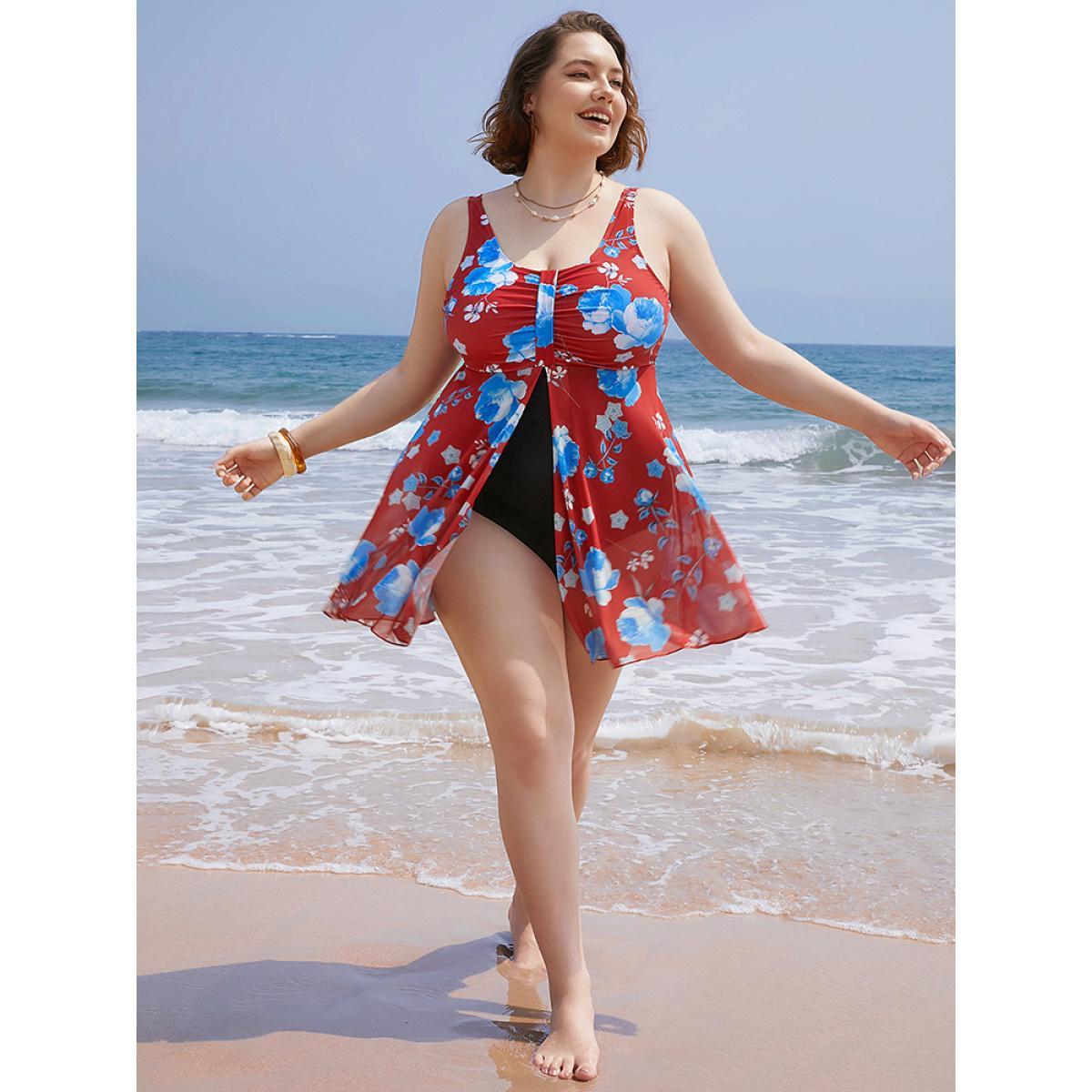 Plus Size Floral Print Split Front Ruched A Line Swim Dress Women's Swimwear Red Vacation Bodycon Round Neck High stretch Curve Swim Dresses BloomChic 12/L Product Image