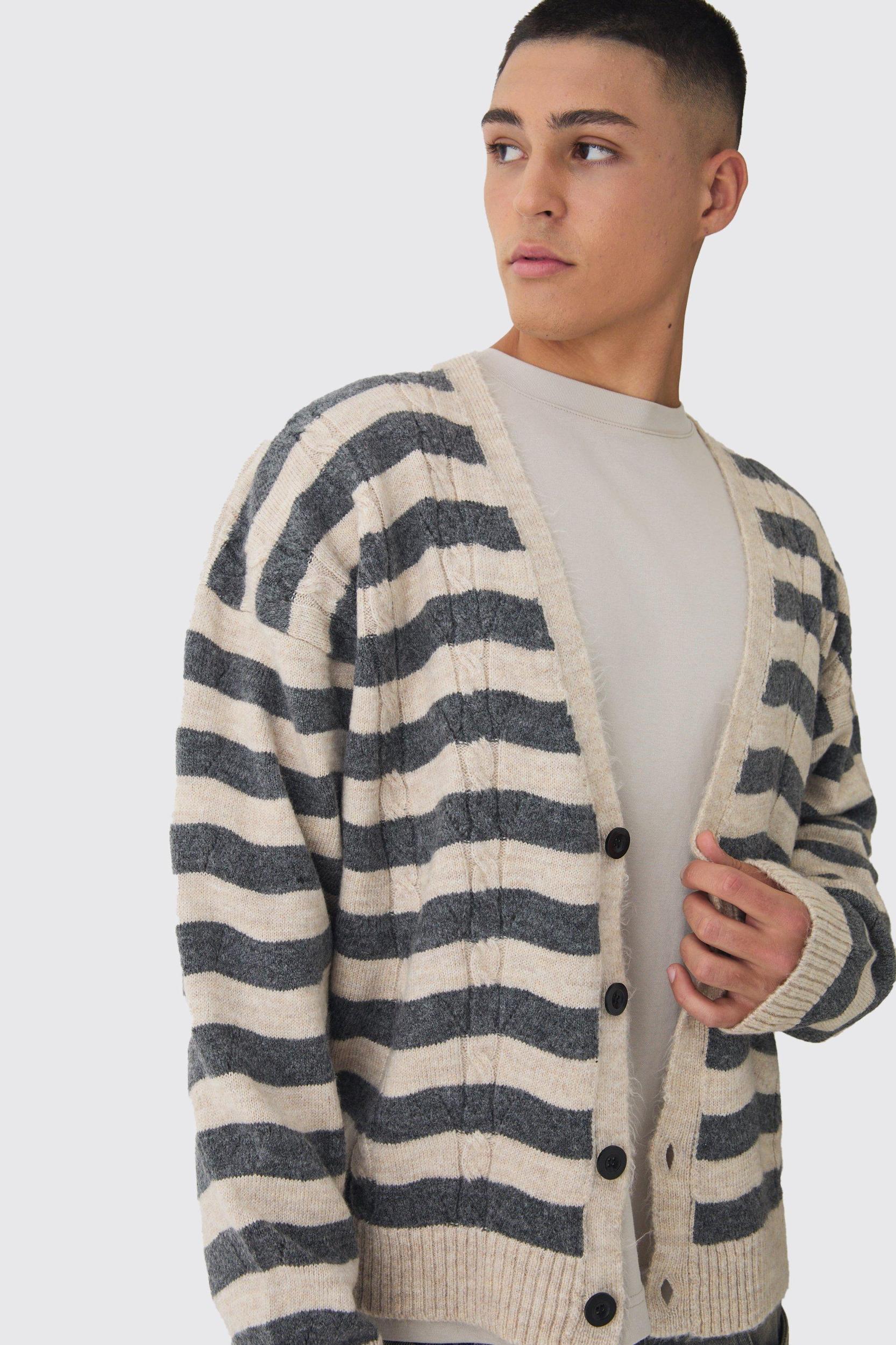 Striped Boxy Brushed Cable Knit Cardigan | boohooMAN USA Product Image