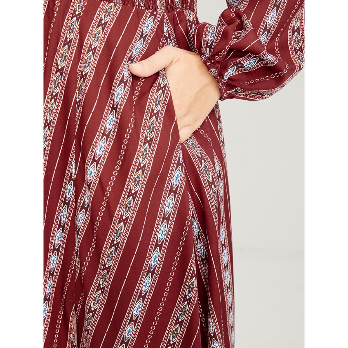 Plus Size Striped Geometric Pocket Lantern Sleeve Shirred Split Dress Red Women Elegant V-neck Long Sleeve Curvy Long Dress BloomChic 22-24/3X Product Image