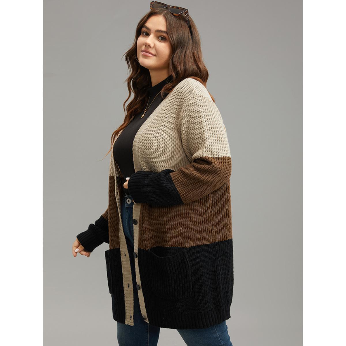 Plus Size Contrast Button Through Patched Pocket Cardigan Multicolor Women Casual Loose Long Sleeve Dailywear Cardigans BloomChic 14-16/1X Product Image