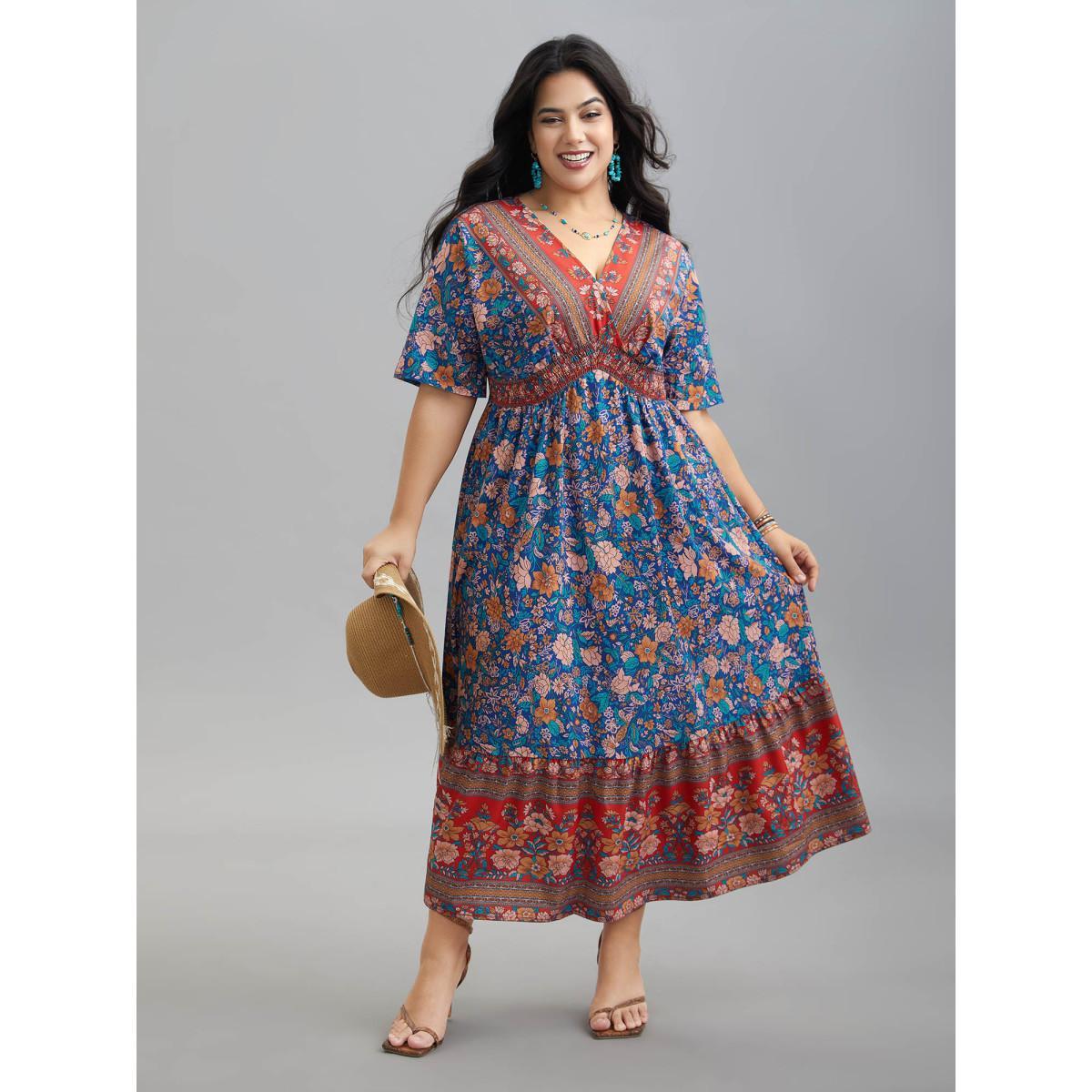 Plus Size Boho Print Ruffled Shirred V-Neck Maxi Dress Mediumblue Women Resort Shirred Overlap Collar Half Sleeve Curvy BloomChic 26/4X Product Image