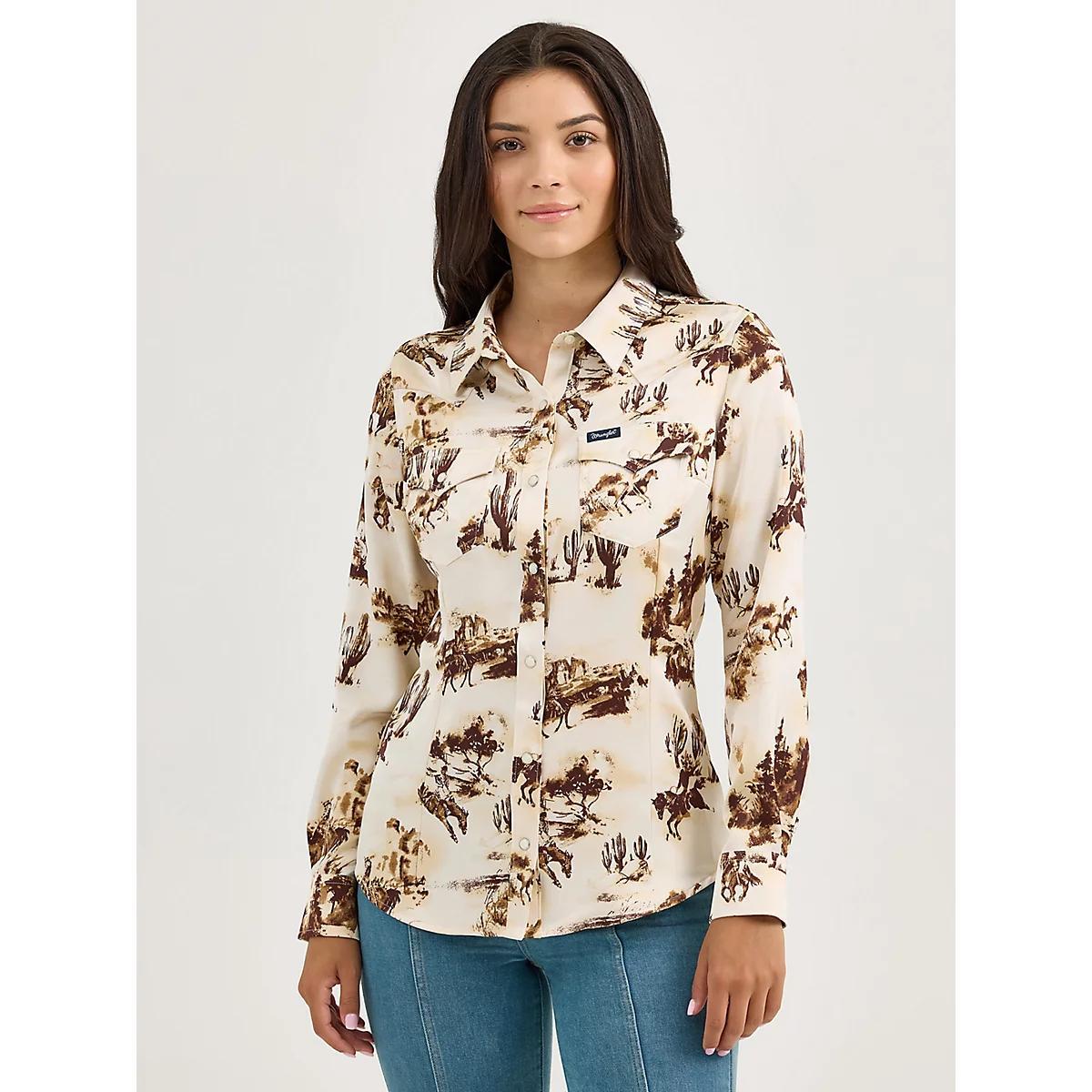 Women's Wrangler Bold Bucking Cowboy Western Snap Shirt in Cacti/Cream Product Image