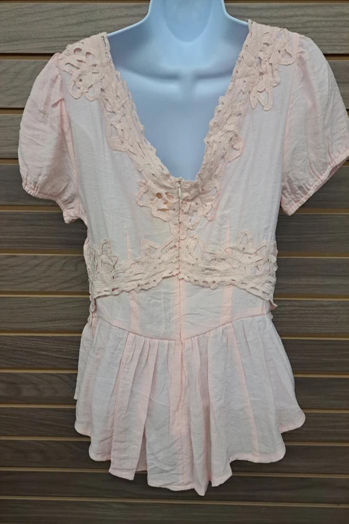 Pink Lace Ruffle Dble V Neck Half Zip Back Product Image