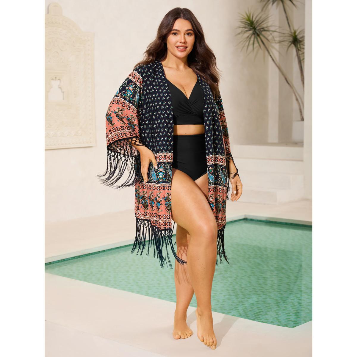 Plus Size Floral Boho Fringe Detail Kimono Women Indigo Tassels Vacation Kimonos BloomChic 30/6X Product Image