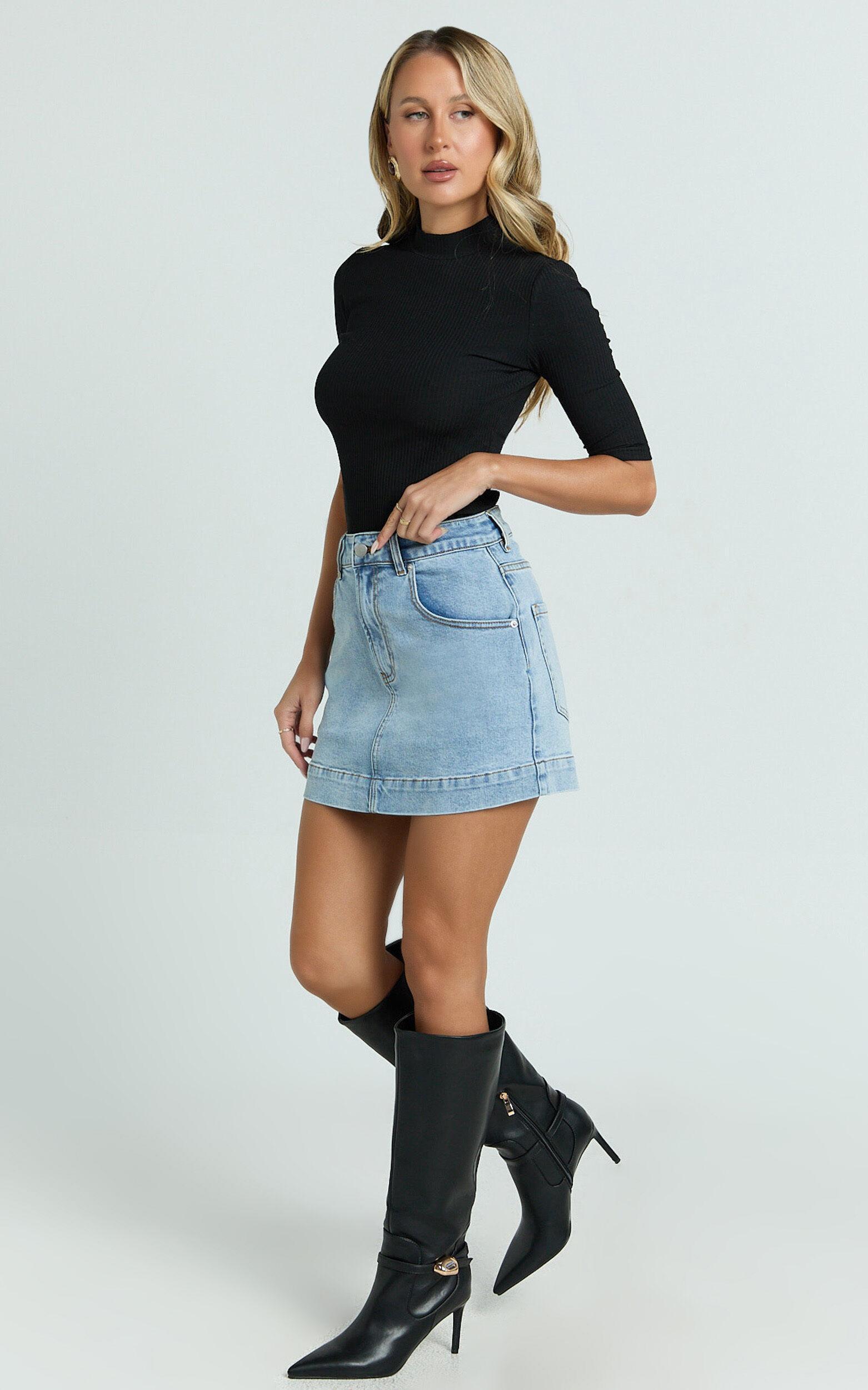 Tilda Top - High Neck Short Sleeve Fitted Top in Black Product Image