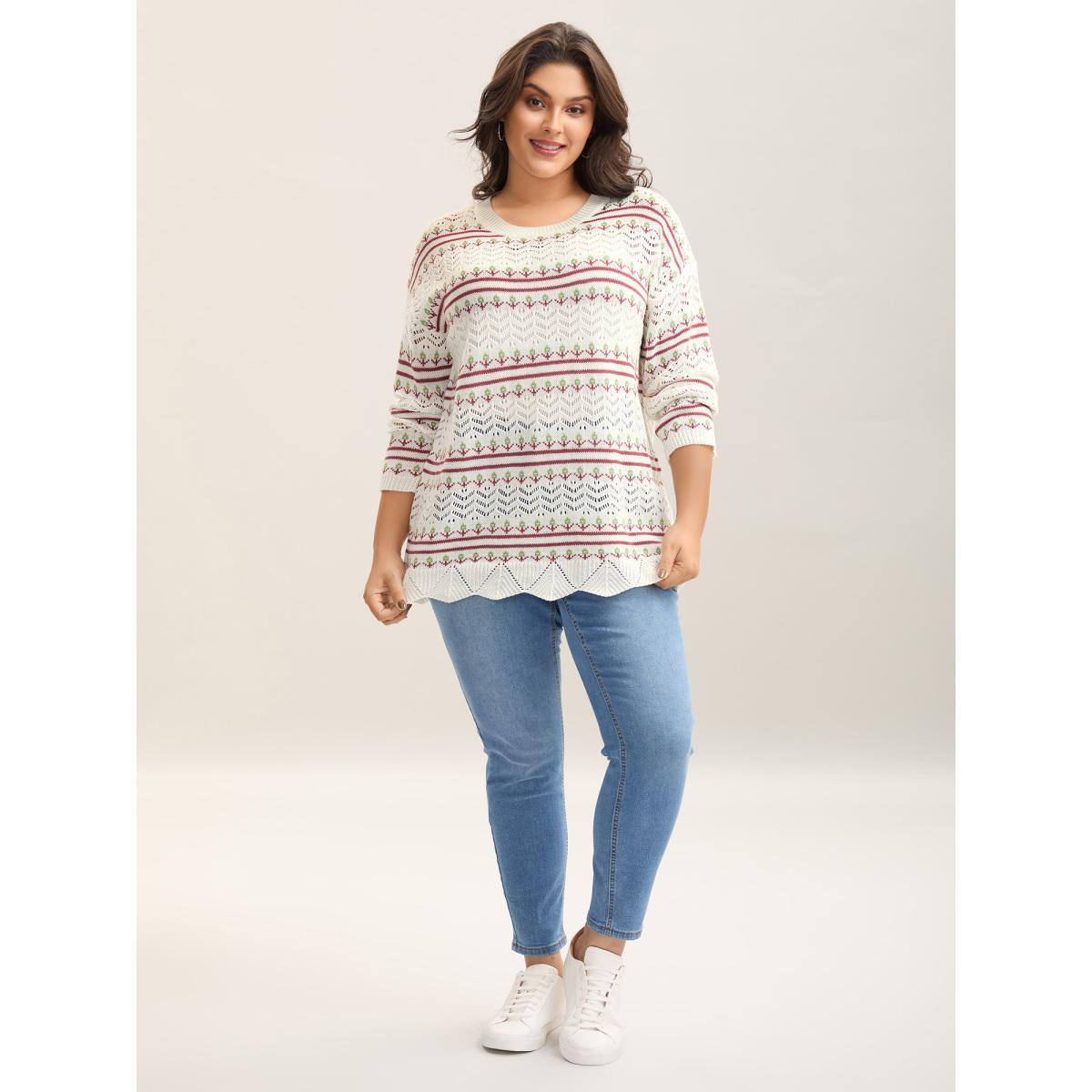 Plus Size Jacquard Pattern Crew Neck Ribbed Pullover Ivory Women Casual Loose Long Sleeve Round Neck Everyday-Casual Pullovers BloomChic 26/4X Product Image