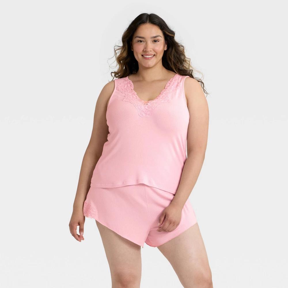 Women's Lace Trim Ribbed Tank Top and Shorts Pajama Set - Auden™ Product Image