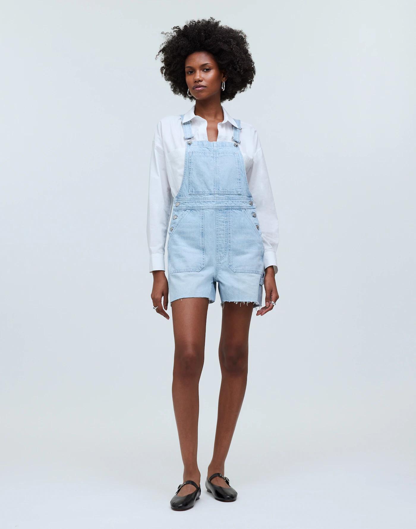 Denim Oversized Carpenter Shortalls in Chapin Wash: Raw-Hem Edition Product Image