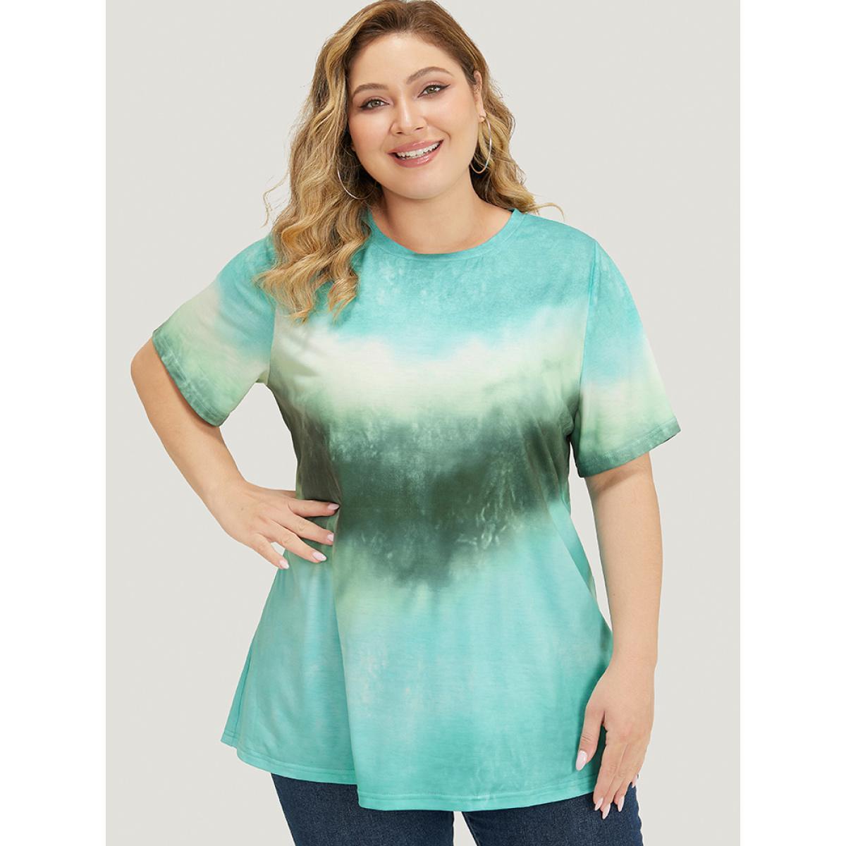 Plus Size Tie Dye Drop Shoulder Round Neck T-shirt Green Women Casual Ombre Round Neck Dailywear T-shirts BloomChic 22-24/3X Product Image
