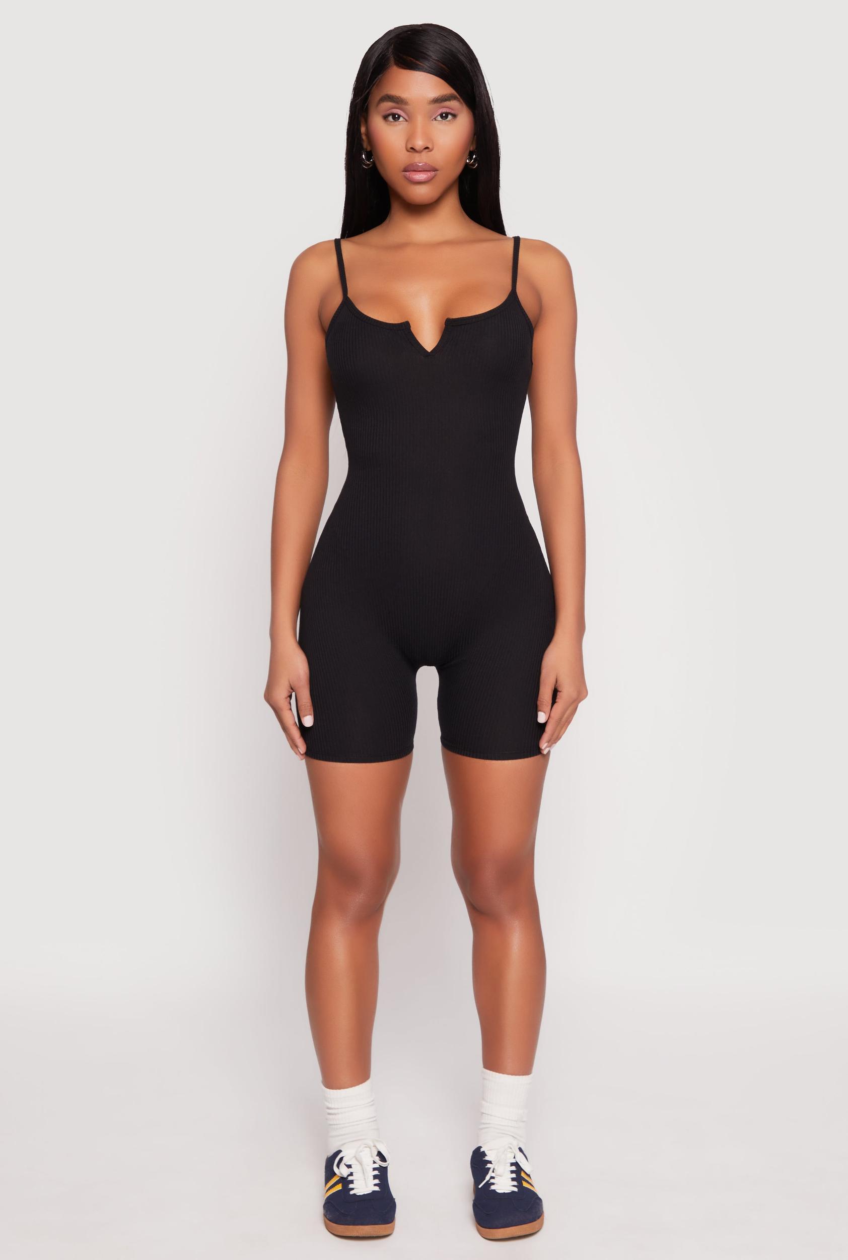 Womens Ribbed Knit Notch Neck Cami Romper Product Image