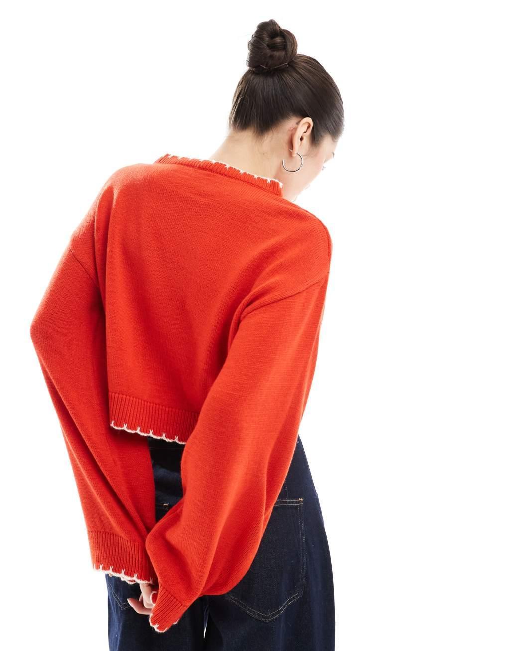 Miss Selfridge blanket stitch swan heart sweater in red Product Image