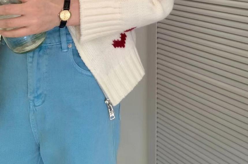 Crew Neck Heart Jacquard Zip-Up Cardigan Product Image
