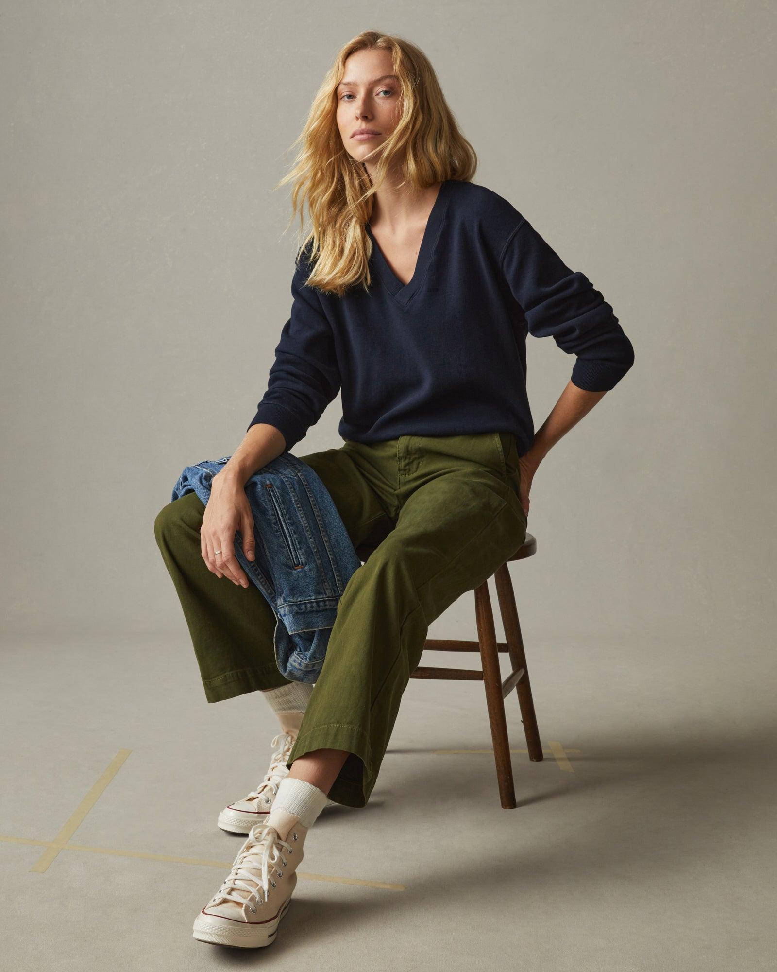 Cotton V-Neck Sweater - Dress Navy  Product Image