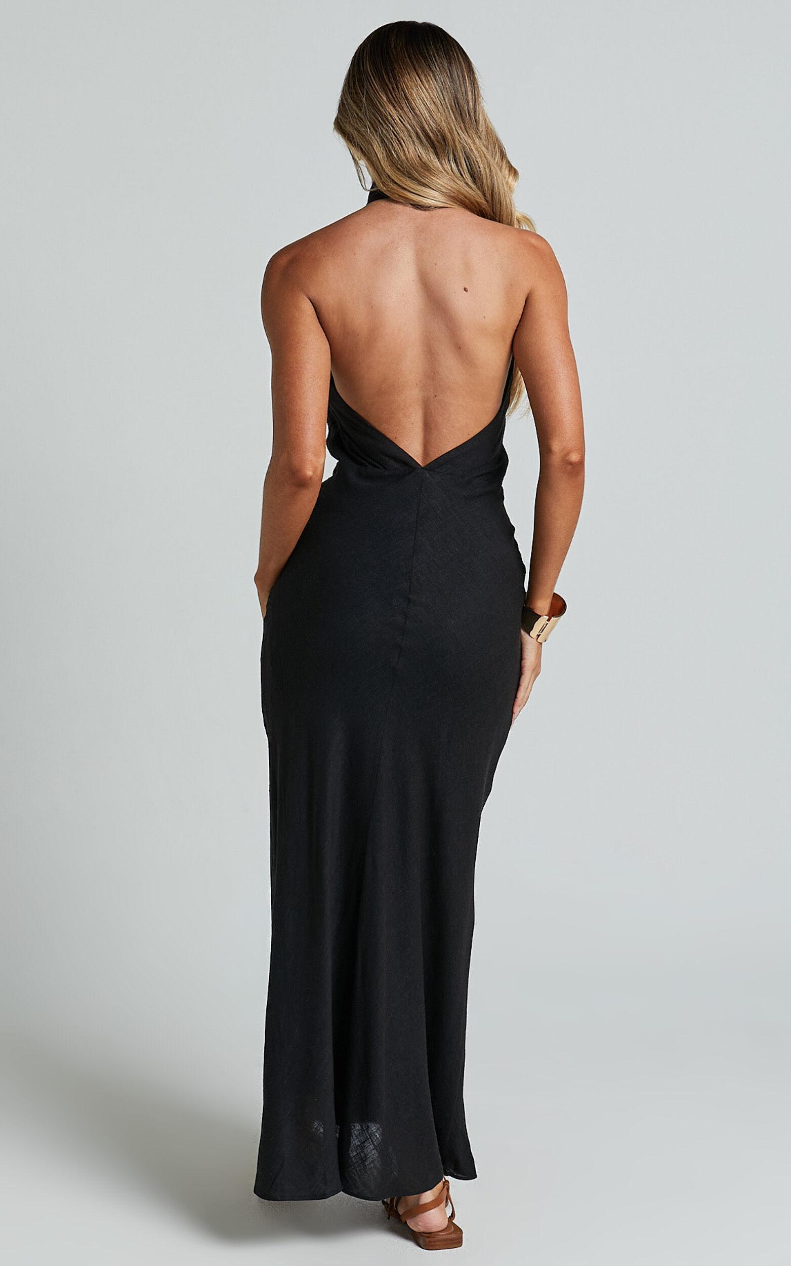 Maelynn Midi Dress - Linen Twist Halter Neck Low Back Slip Dress in Black Product Image