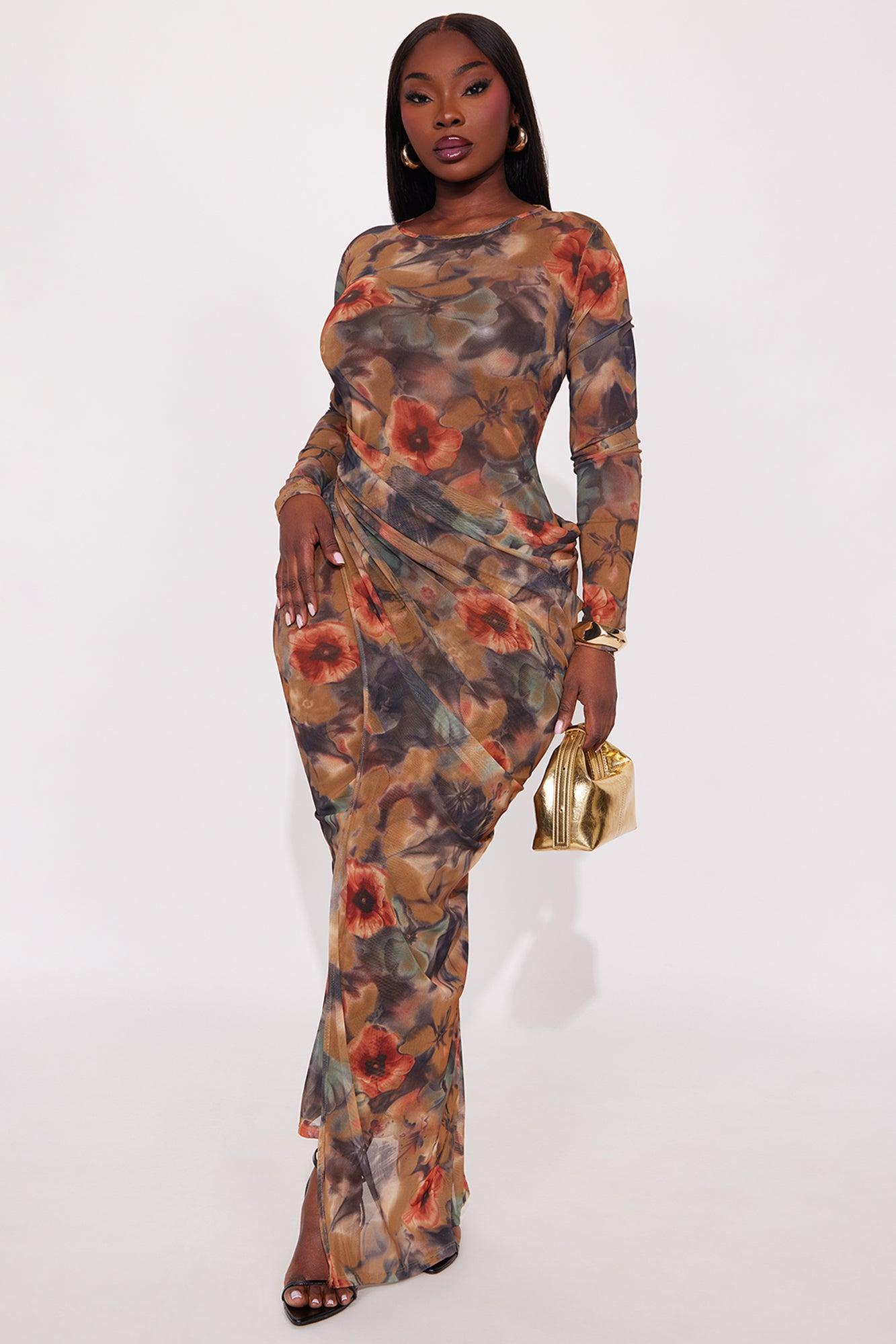 Morgan Sheer Mesh Printed Maxi Dress - Brown/combo Product Image