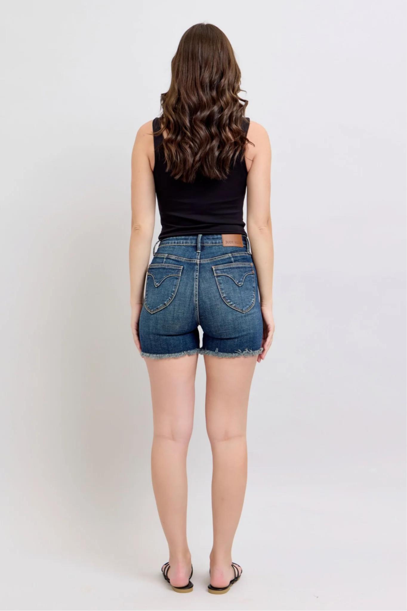 Judy Blue HW Tummy Control Fray Hem & Shield Back Pocket Shorts Product Image