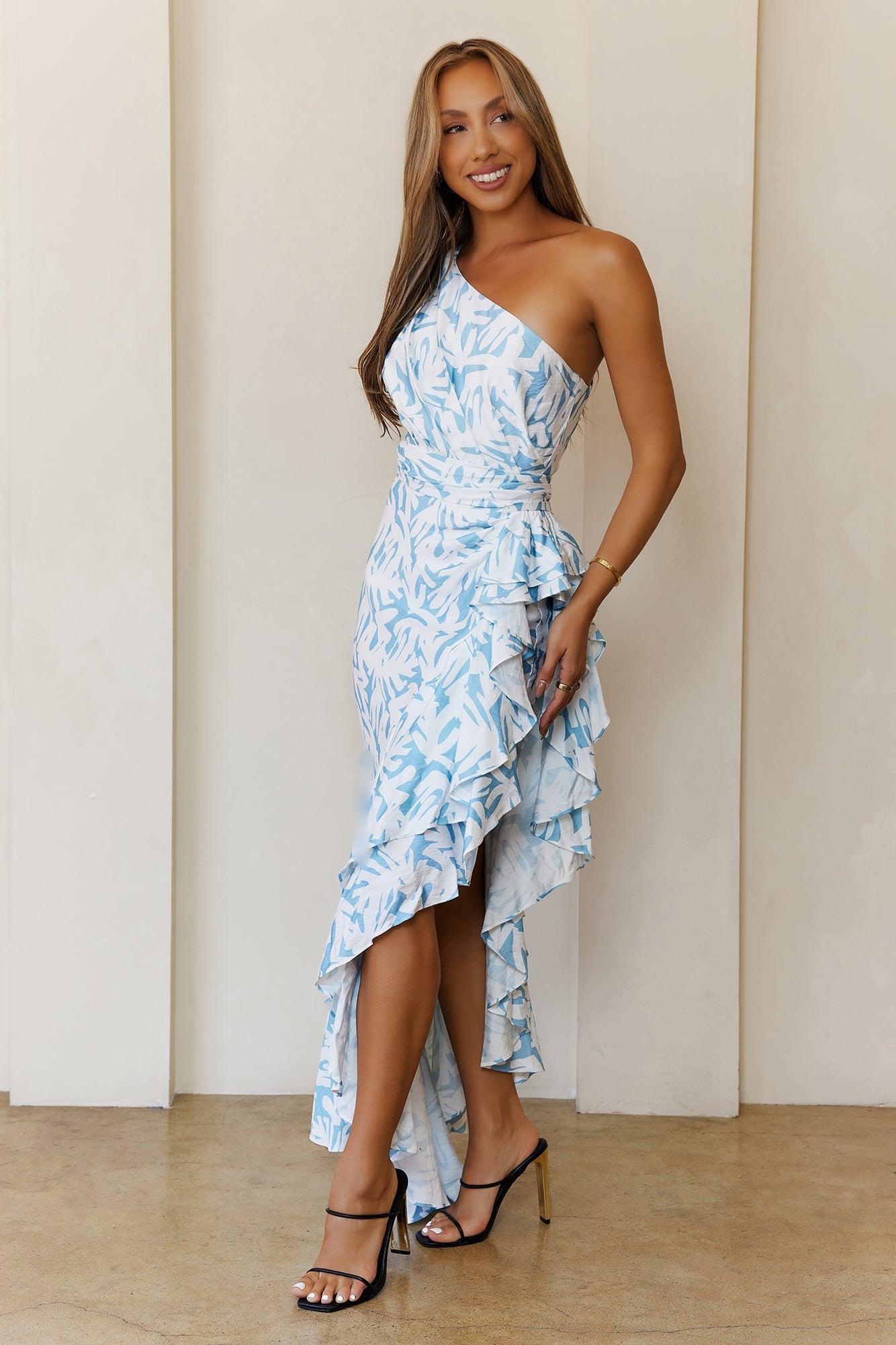Gentle Petals One Shoulder Maxi Dress Blue Product Image