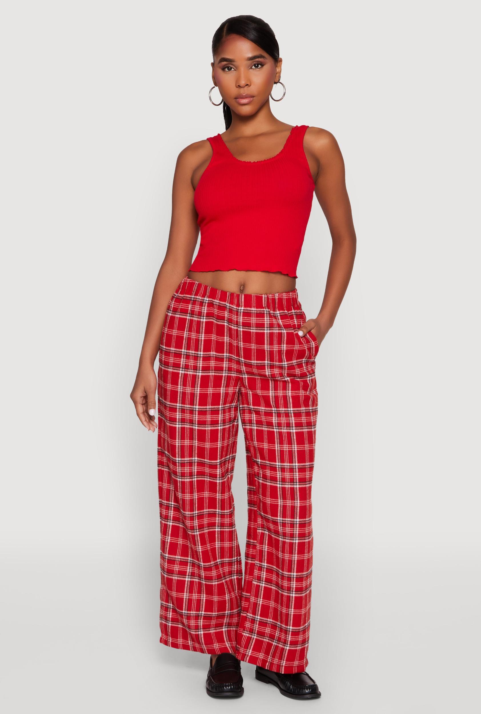 Womens Plaid Brushed Knit Wide Leg Dress Pants Product Image