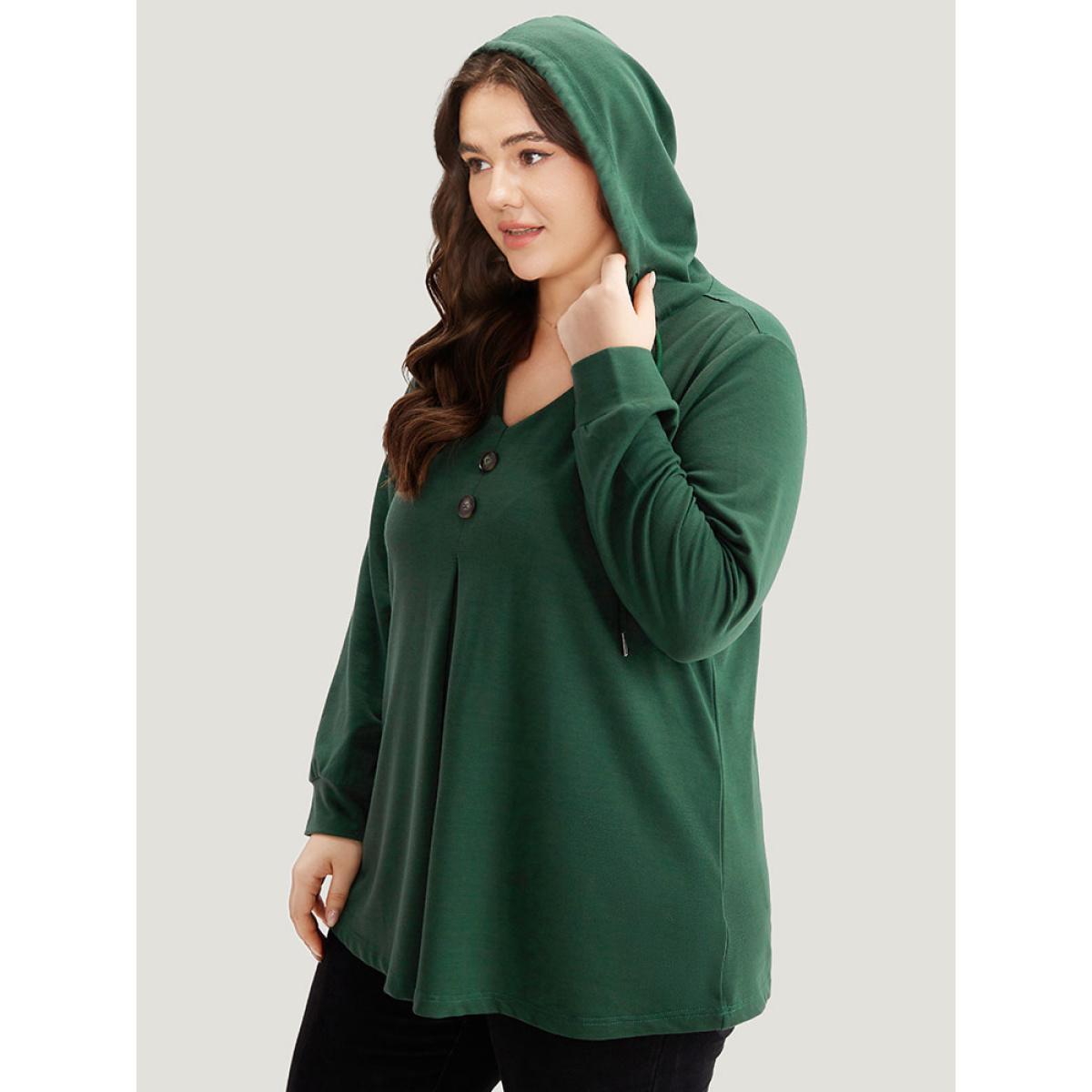 Plus Size Hooded Button Detail Plicated Detail Sweatshirt Women DarkGreen Casual Plain Hooded Everyday Sweatshirts BloomChic 22-24/3X Product Image
