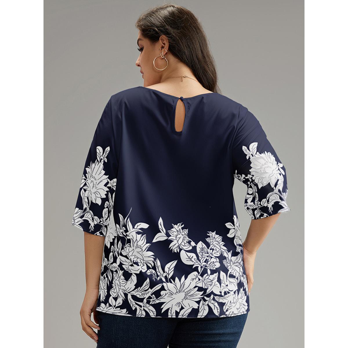 Plus Size Indigo Boho Print V Neck Cut Out Blouse Women Elegant Elbow-length sleeve V-neck Dailywear Blouses BloomChic 14-16/1X Product Image