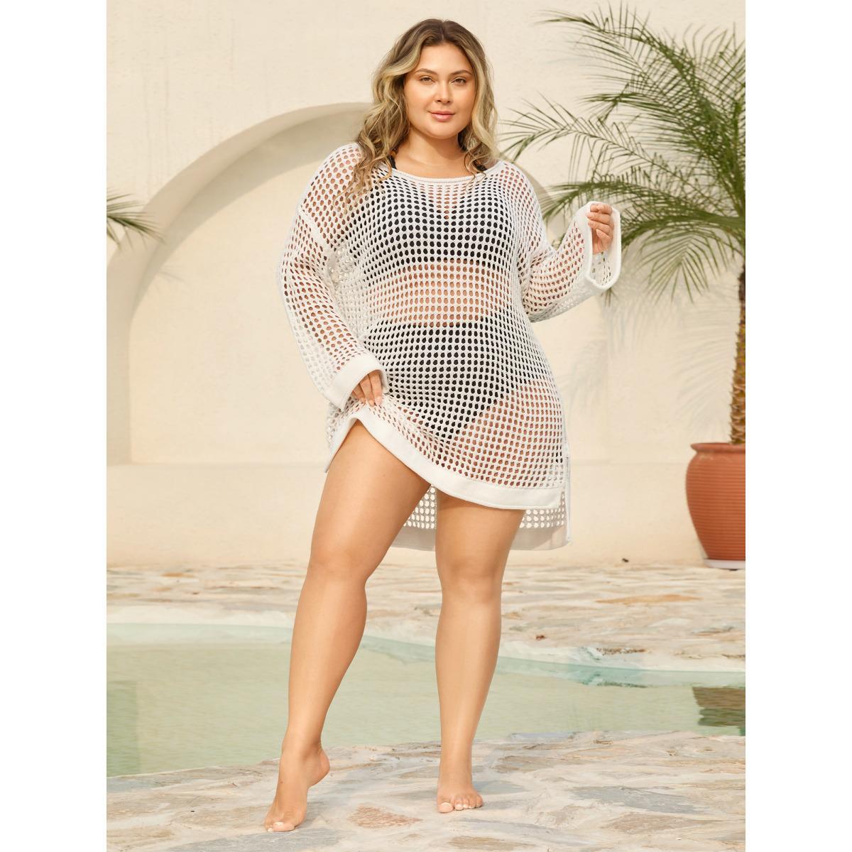Plus Size Crochet Drop Shoulder Slit Swim Cover-Up Women's Swimwear Ivory Beach Loose Texture Curve Swim Cover Ups BloomChic 26/4X Product Image