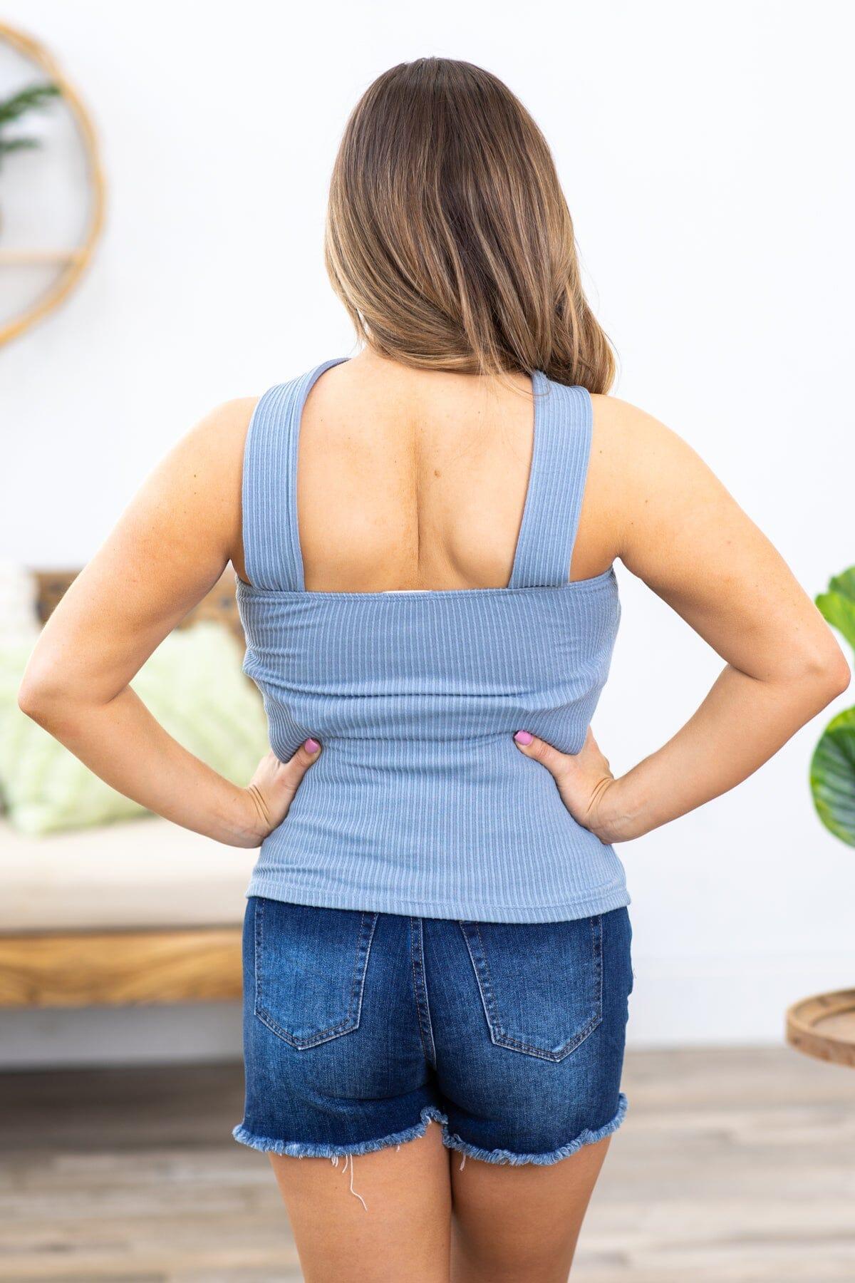 Dusty Blue Rib Knit Halter Tank With Cutout Product Image