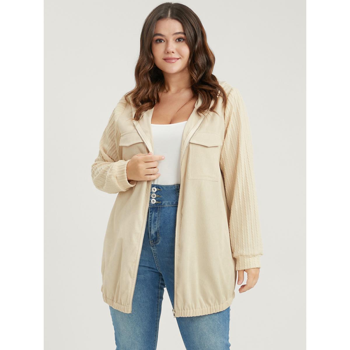 Plus Size Solid Flap Pocket Zip Up Hooded Coat Women Beige Casual Patchwork Ladies Dailywear Winter Coats BloomChic 14-16/1X Product Image